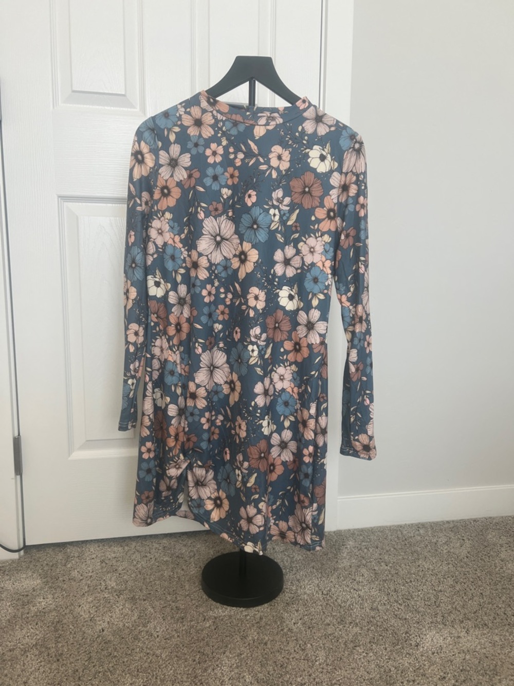 Floral Long Sleeve Swing Dress in Dusty Blue & Blush